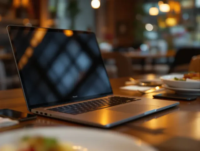 Portátil y móvil sobre una mesa de restaurante, listos para gestionar la web del negocio