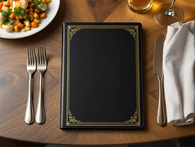 Carta de restaurante cerrada junto a un plato servido en una mesa de madera