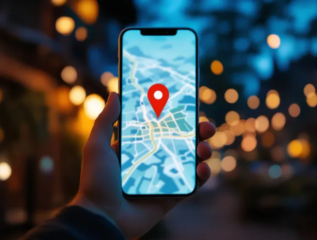 Persona sosteniendo un móvil con un pin de ubicación sobre el mapa, de noche frente a un restaurante